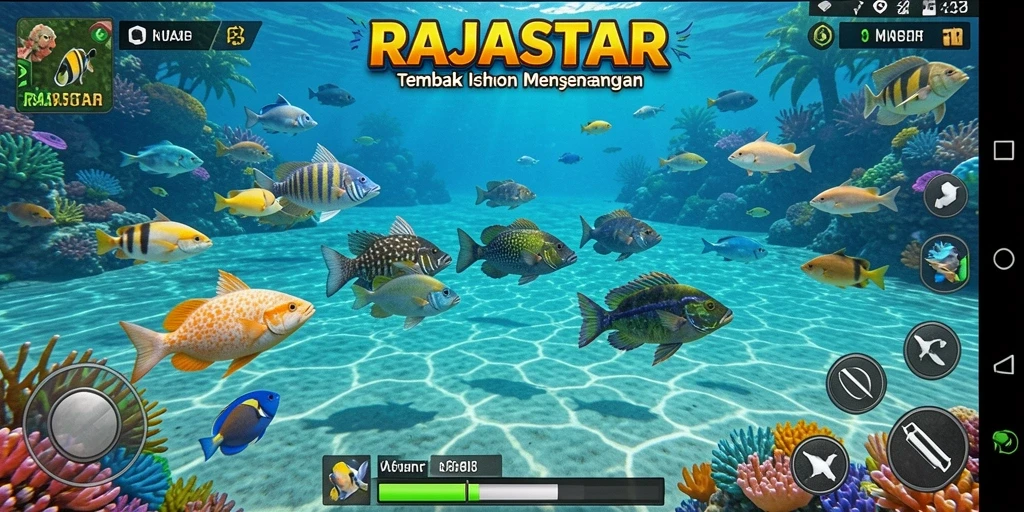 Tampilan gameplay menarik dalam RAJASTAR dengan banyak ikan berwarna-warni.