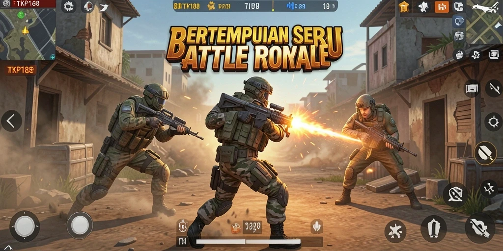 Screenshot TKP188 menampilkan aksi pertempuran seru dalam arena Battle Royale.