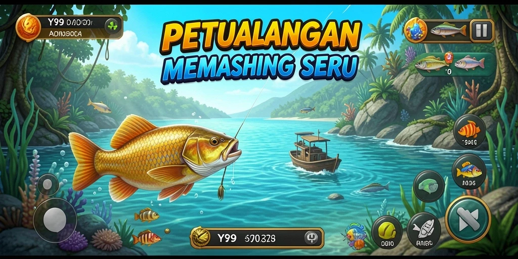 Screenshot utama Y89 menampilkan pemain sedang menangkap ikan di danau yang indah.